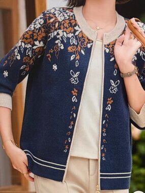 Fine Beige O-Neck Print Cotton Knit Cardigans Fall
